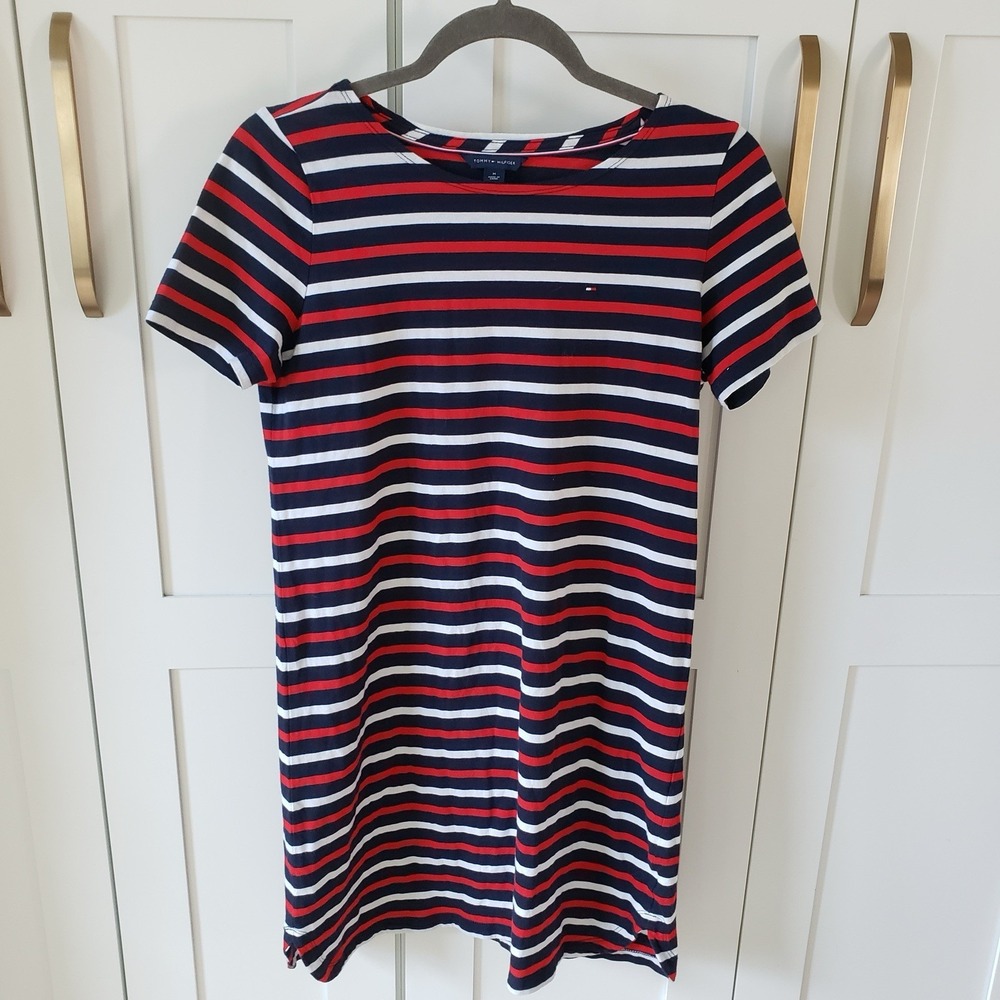 Tommy Hilfiger Dress Womens M Navy Red White Stripe Short Sleeve Shirt Shift